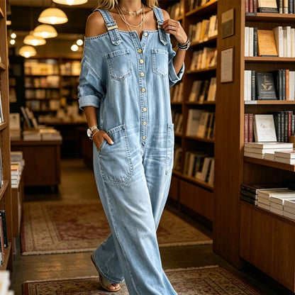 Julie – Cold-Shoulder Denim-Look Wide-Leg Jumpsuit
