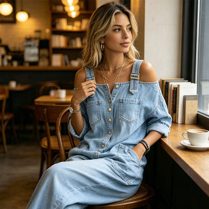 Julie – Cold-Shoulder Denim-Look Wide-Leg Jumpsuit