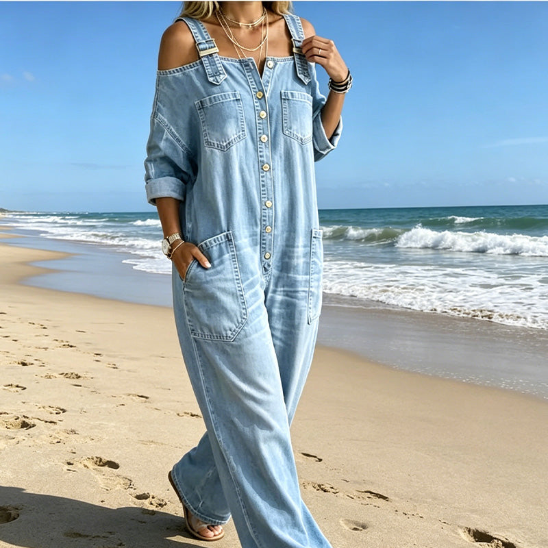 Julie – Cold-Shoulder Denim-Look Wide-Leg Jumpsuit