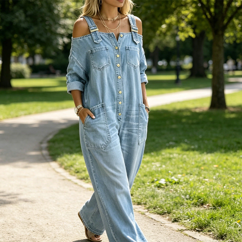 Julie – Cold-Shoulder Denim-Look Wide-Leg Jumpsuit