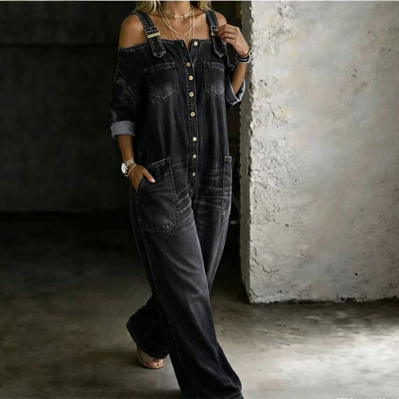 Julie – Cold-Shoulder Denim-Look Wide-Leg Jumpsuit