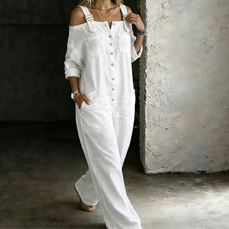 Julie – Cold-Shoulder Denim-Look Wide-Leg Jumpsuit