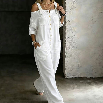 Julie – Cold-Shoulder Denim-Look Wide-Leg Jumpsuit