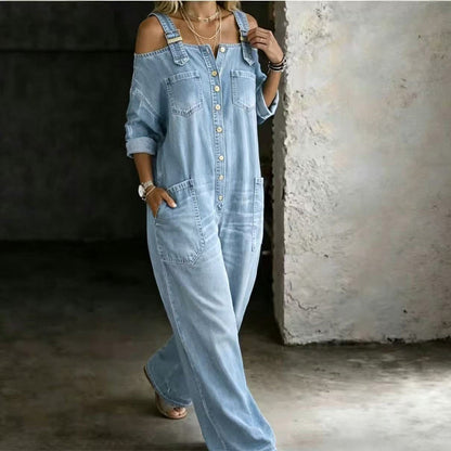 Julie – Cold-Shoulder Denim-Look Wide-Leg Jumpsuit