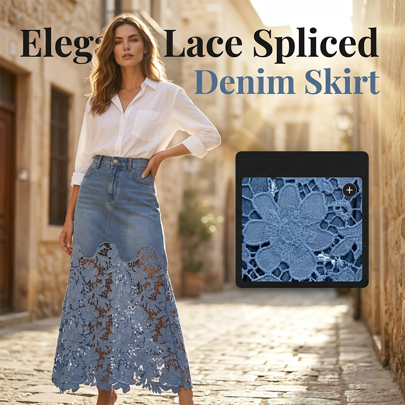 Blanche – Denim Maxi Skirt with Floral Lace Hem