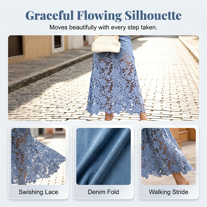 Blanche – Denim Maxi Skirt with Floral Lace Hem