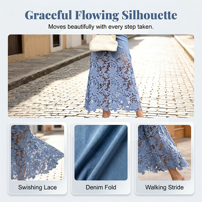 Blanche – Denim Maxi Skirt with Floral Lace Hem