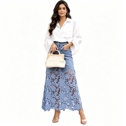 Blanche – Denim Maxi Skirt with Floral Lace Hem