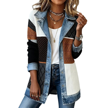 Imogene – Ribbed Knit and Denim Patchwork Jacket