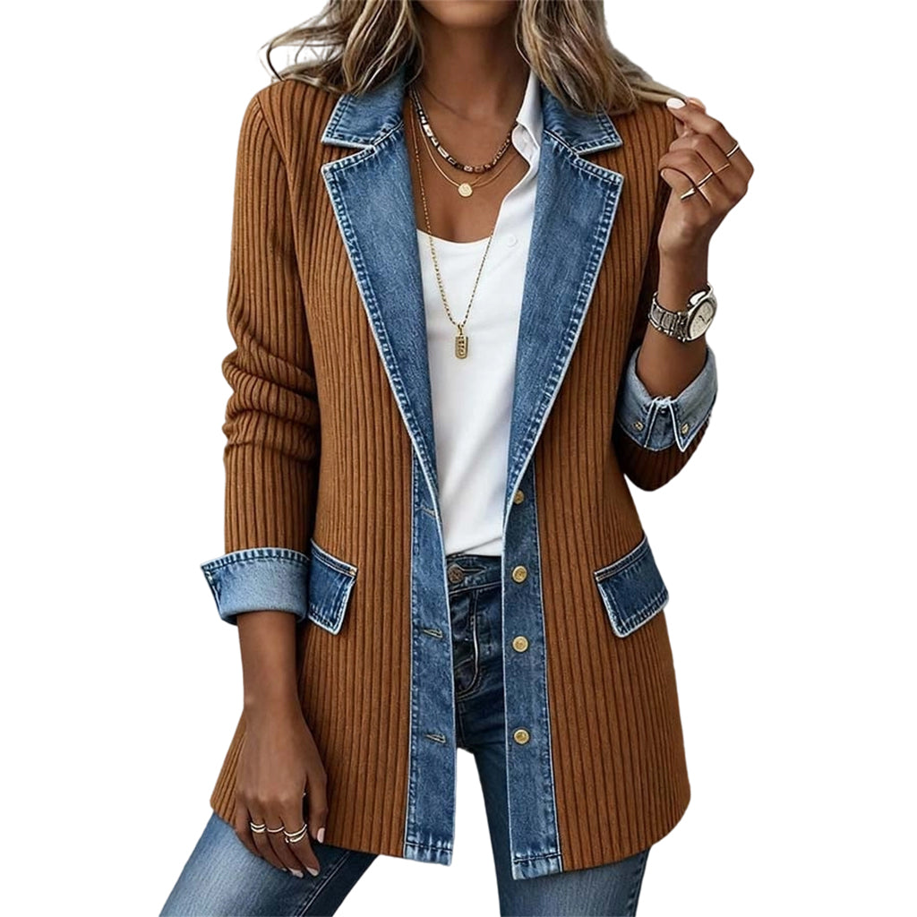 Imogene – Ribbed Knit and Denim Patchwork Jacket