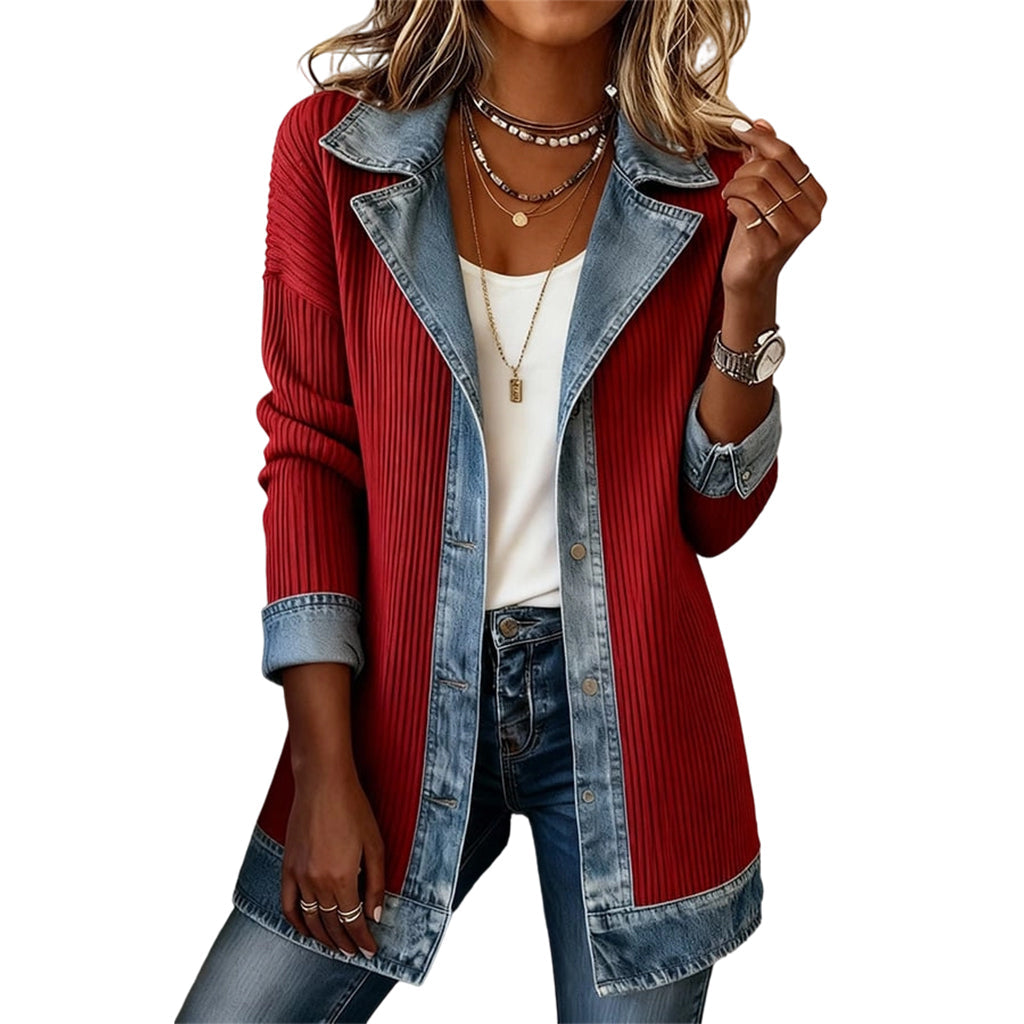 Imogene – Ribbed Knit and Denim Patchwork Jacket