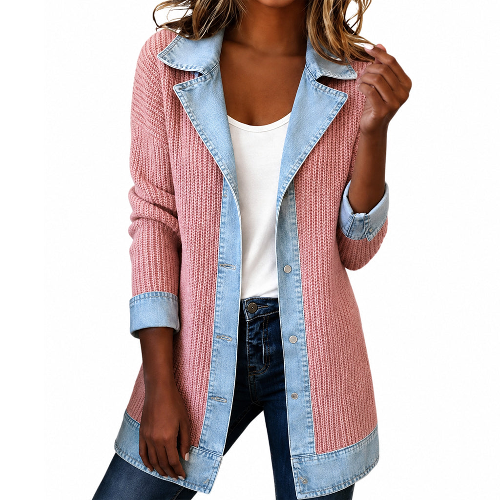 Imogene – Ribbed Knit and Denim Patchwork Jacket