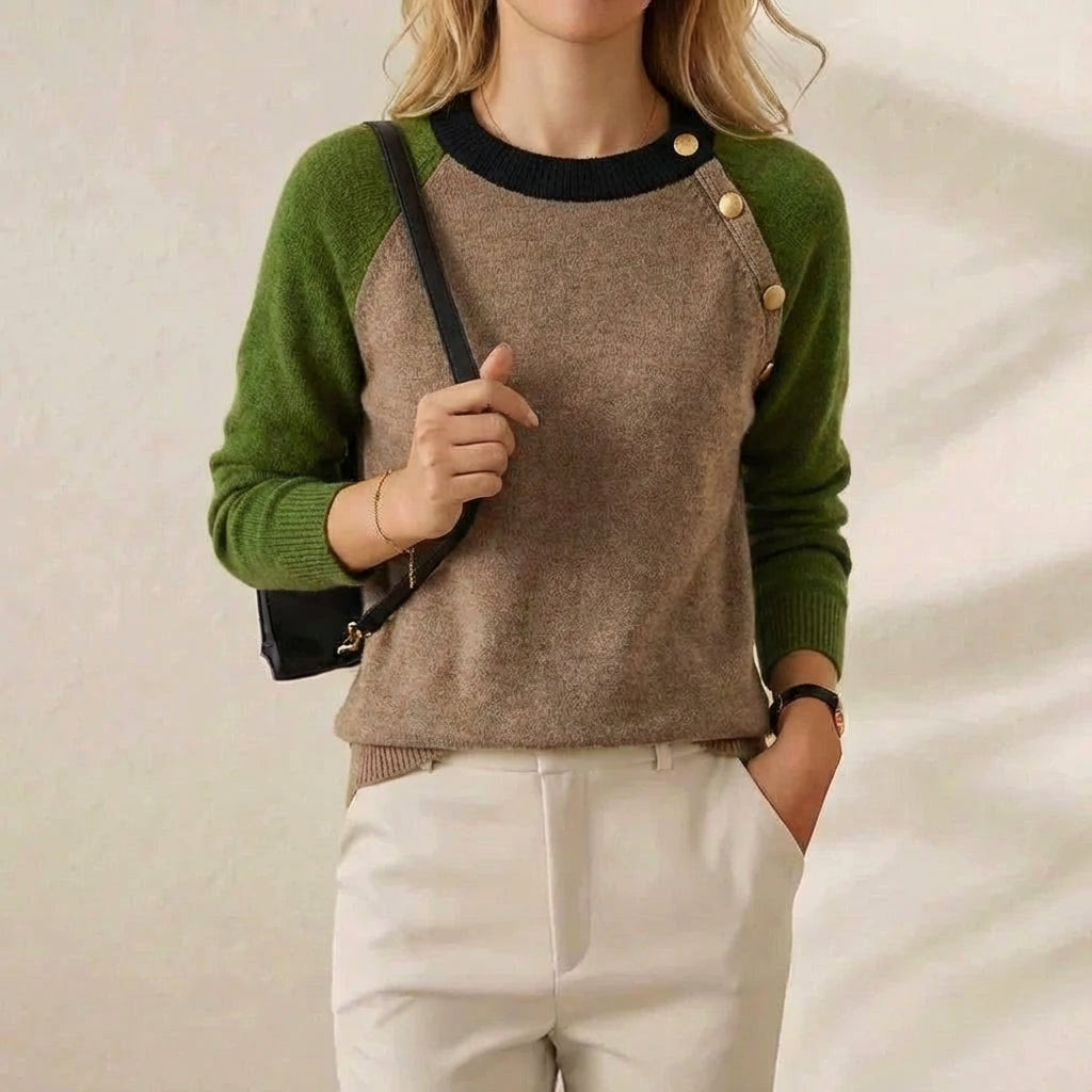 Emily – Color Block Knit Sweater with Button Detail
