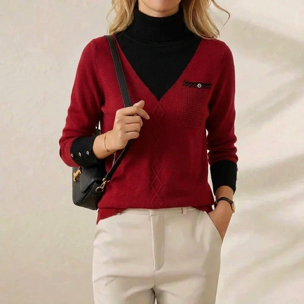 Genevieve – V-Neck Knit Sweater with Chest Pocket