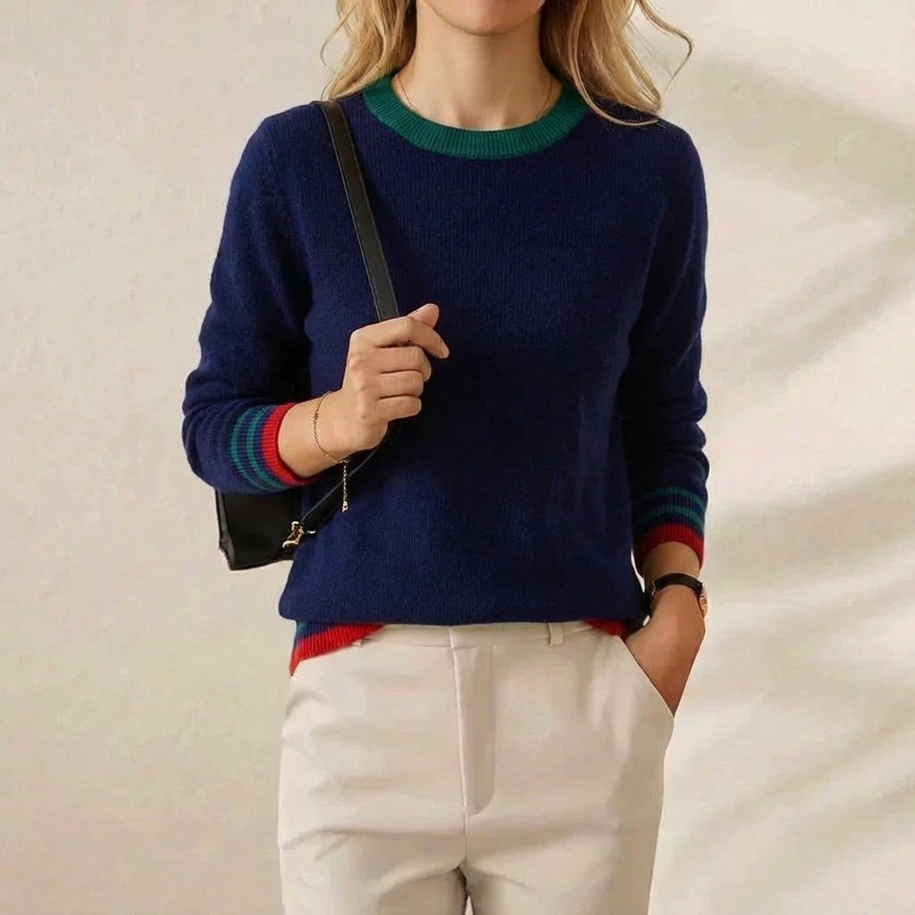 Odessa – Crew Neck Sweater with Striped Trims