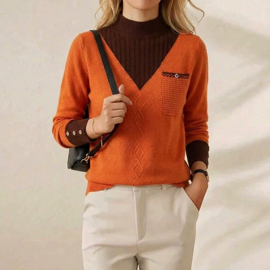 Genevieve – V-Neck Knit Sweater with Chest Pocket