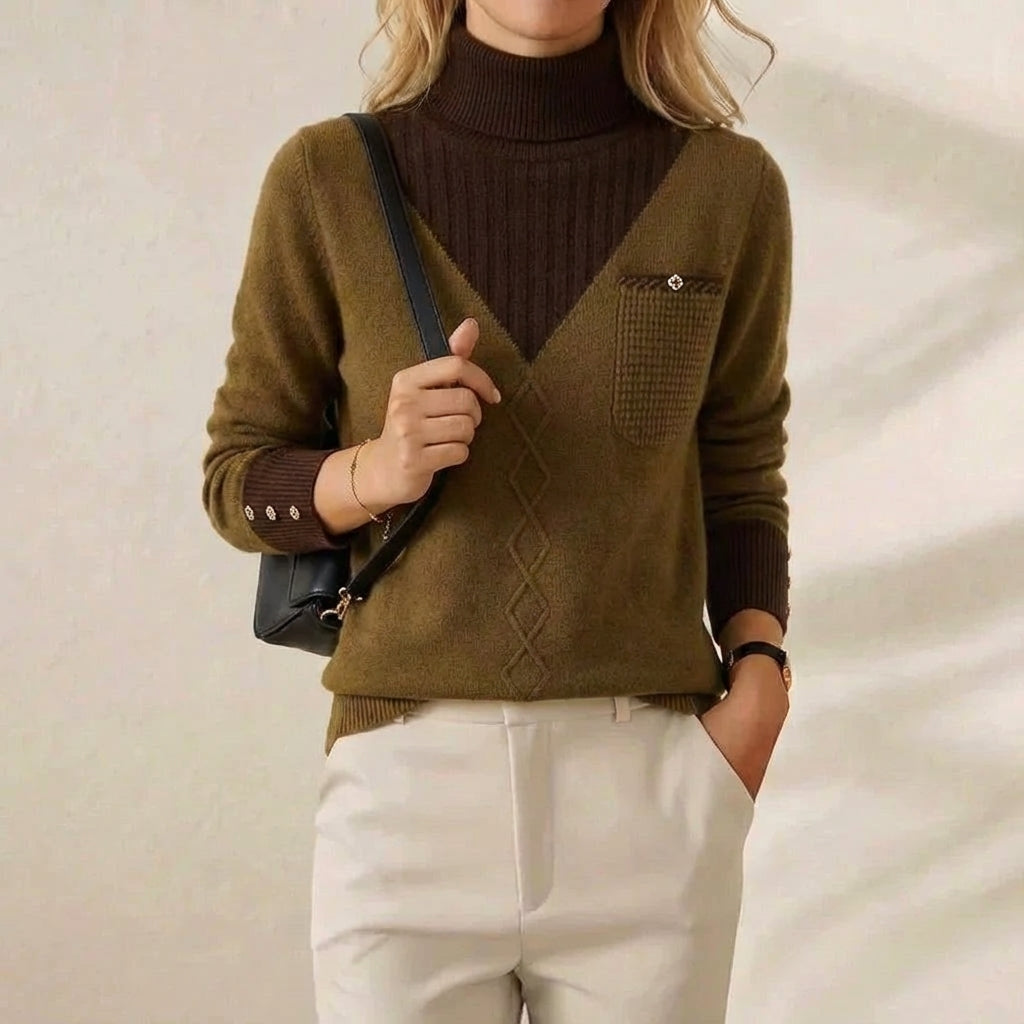 Genevieve – V-Neck Knit Sweater with Chest Pocket