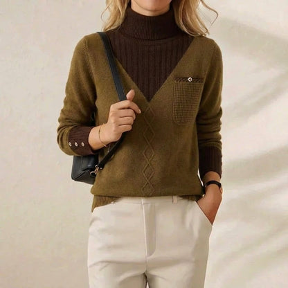 Genevieve – V-Neck Knit Sweater with Chest Pocket