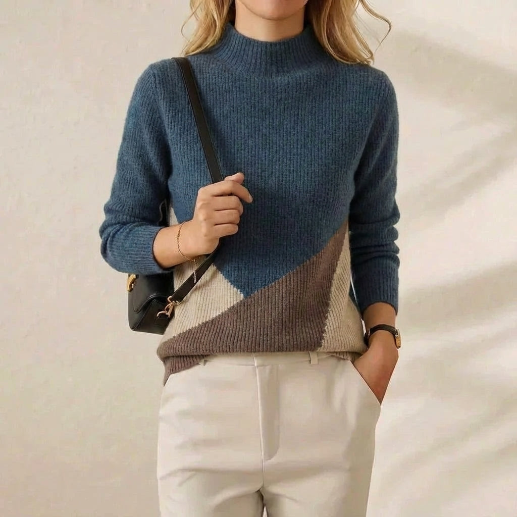 Bernice – Color-Block Mock Neck Knit Sweater