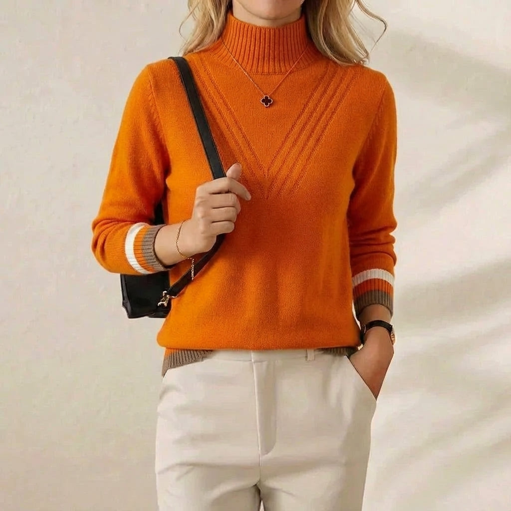Rae – Turtleneck Knit Sweater with Striped Cuffs