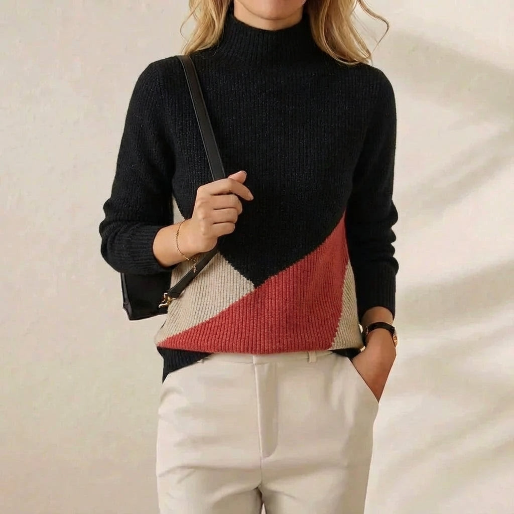 Bernice – Color-Block Mock Neck Knit Sweater