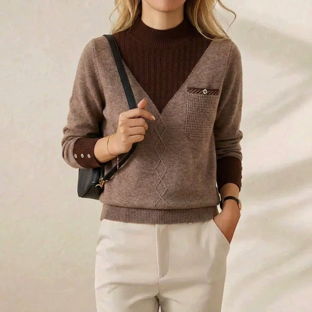 Genevieve – V-Neck Knit Sweater with Chest Pocket