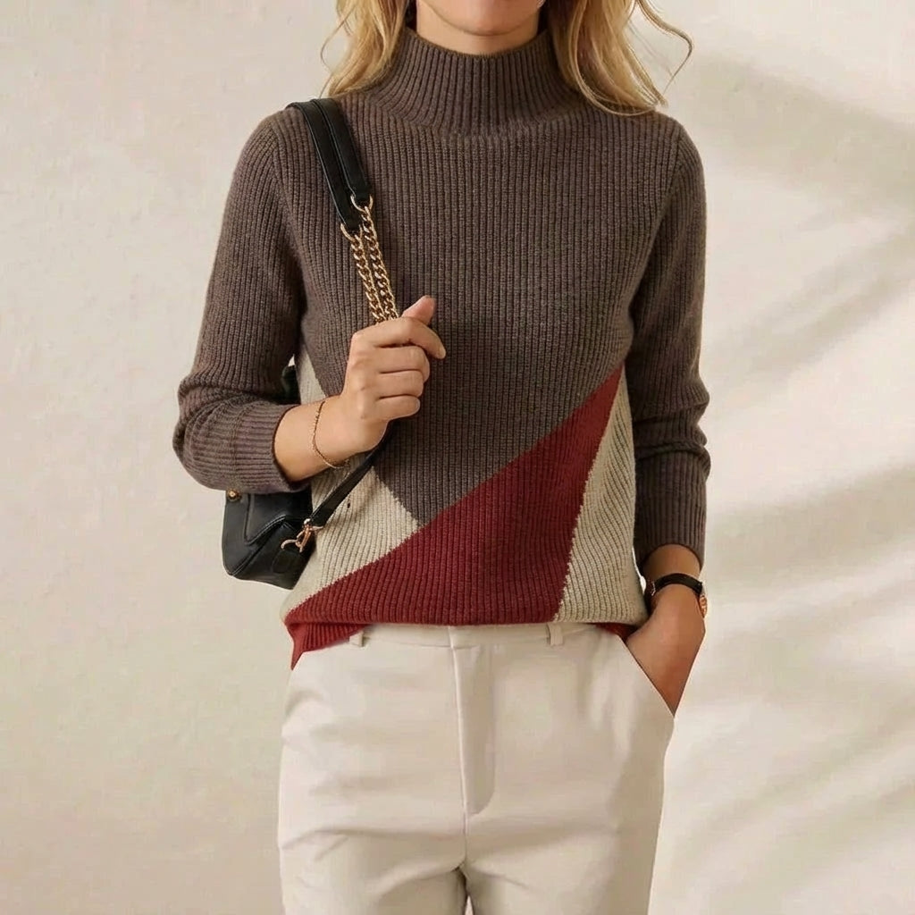 Bernice – Color-Block Mock Neck Knit Sweater