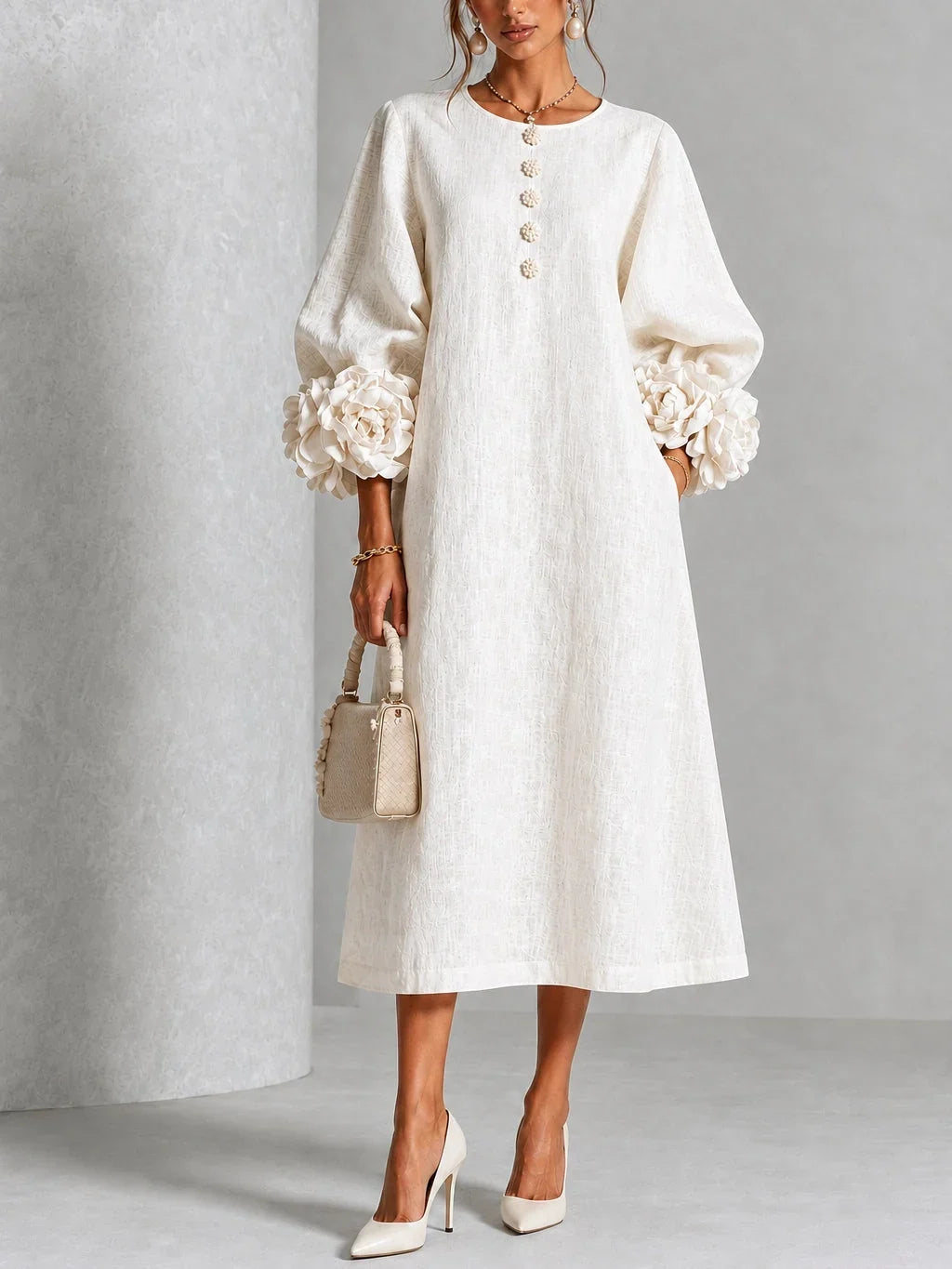 Marcella – Midi Dress with Sculptural Floral Cuffs