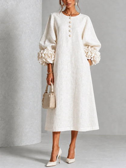 Marcella – Midi Dress with Sculptural Floral Cuffs