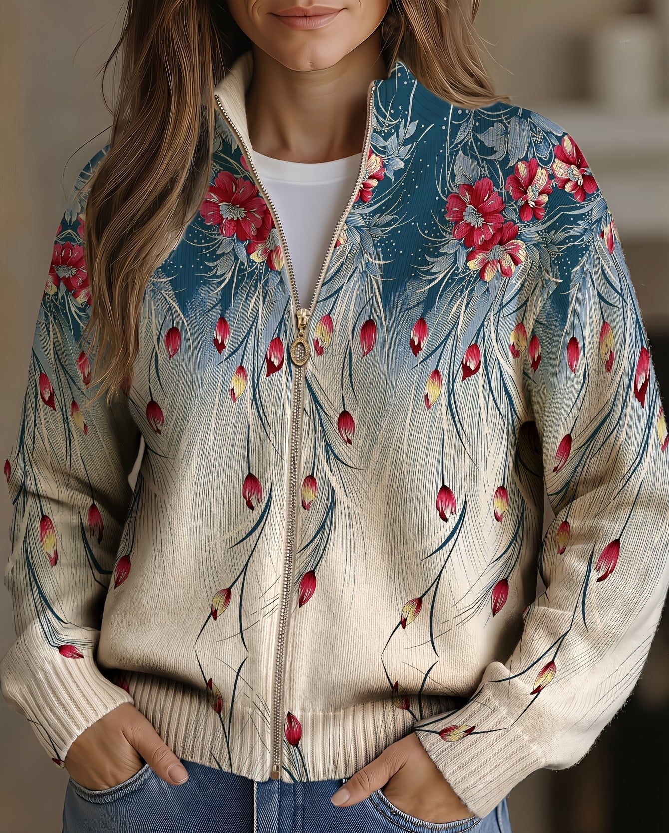 Katherine – Floral Print Full-Zip Knit Jacket